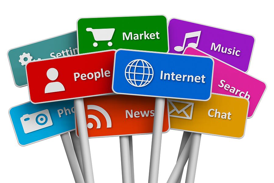 Internet and social media concept: set of color signs with icons of internet and social media services isolated on white background